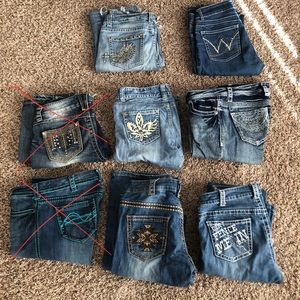 Jeans $45 each. Most Cowgirl Tuff. Size 28, 36” inseam.
